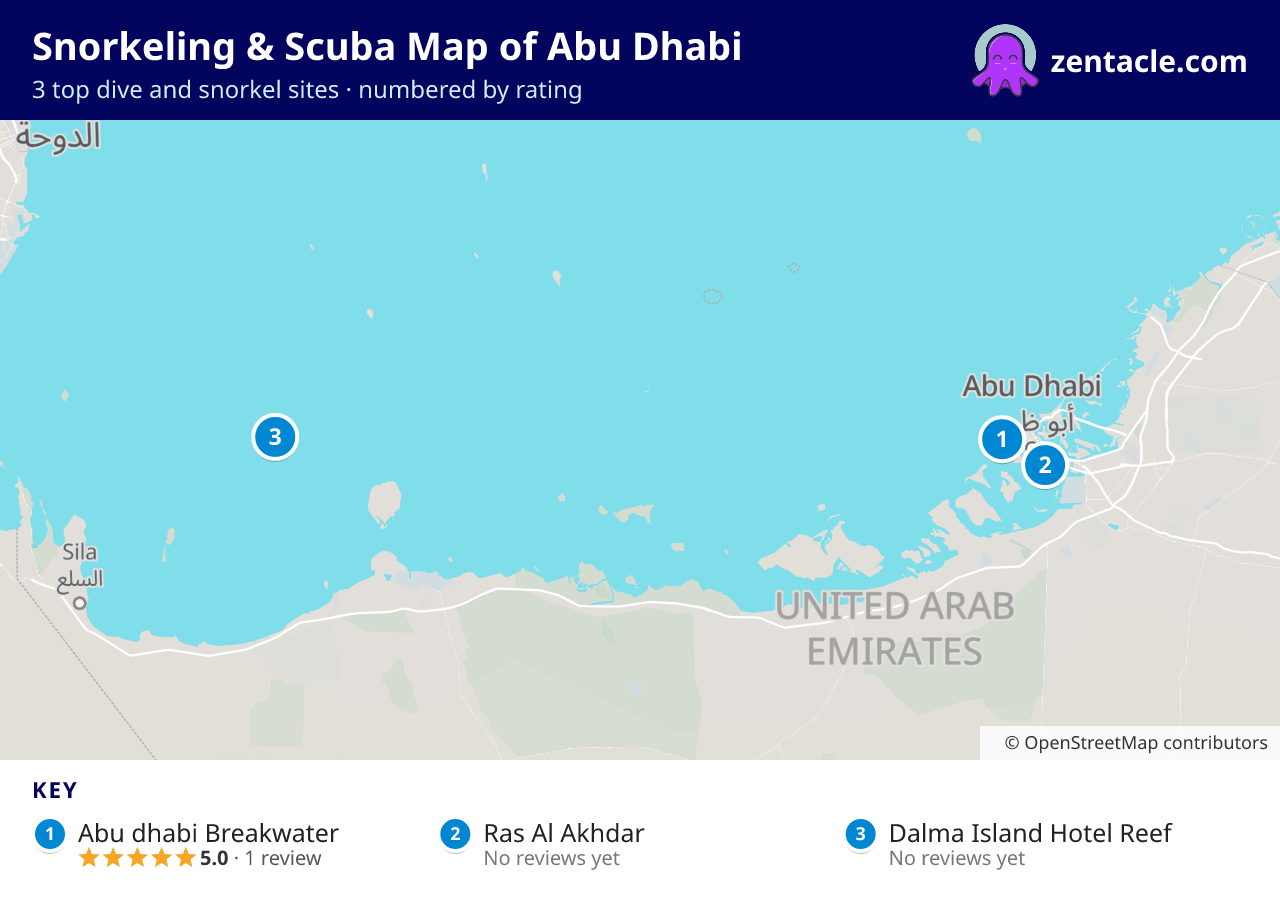 Snorkeling & Scuba Map of Abu Dhabi: numbered map of the top 3 dive and snorkel sites, with ratings