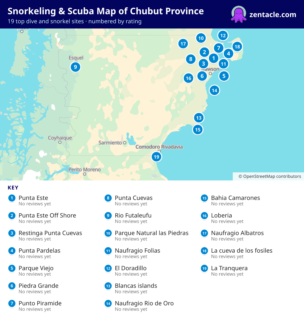 Snorkeling & Scuba Map of Chubut Province: numbered map of the top 19 dive and snorkel sites, with ratings