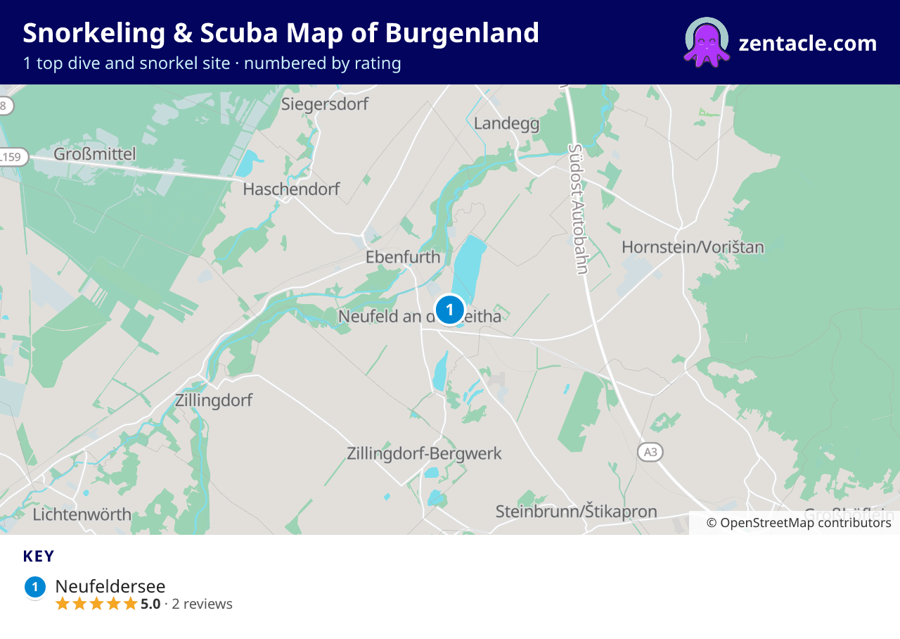 Snorkeling & Scuba Map of Burgenland: numbered map of the top 1 dive and snorkel sites, with ratings