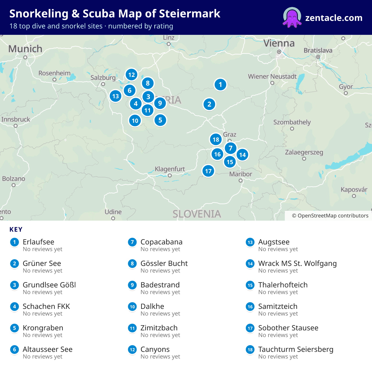 Snorkeling & Scuba Map of Steiermark: numbered map of the top 18 dive and snorkel sites, with ratings