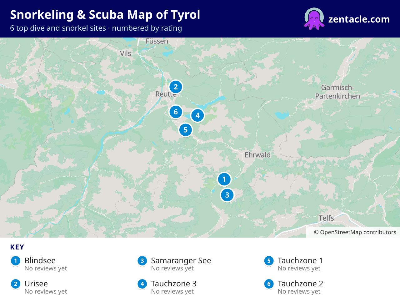 Snorkeling & Scuba Map of Tyrol: numbered map of the top 6 dive and snorkel sites, with ratings