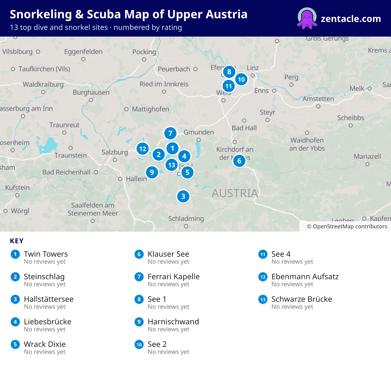 Snorkeling & Scuba Map of Upper Austria: numbered map of the top 13 dive and snorkel sites, with ratings