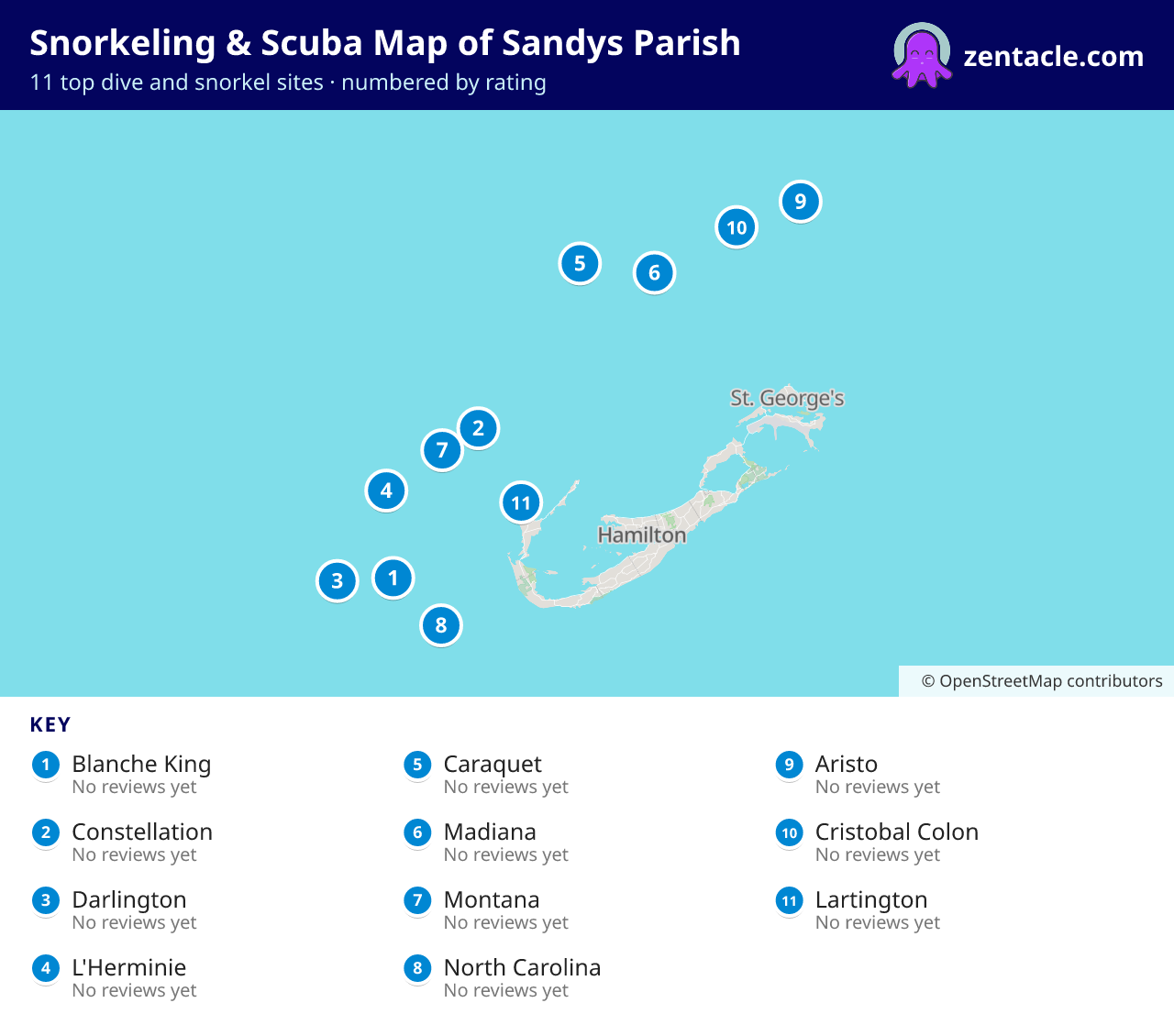 Snorkeling & Scuba Map of Sandys Parish: numbered map of the top 11 dive and snorkel sites, with ratings