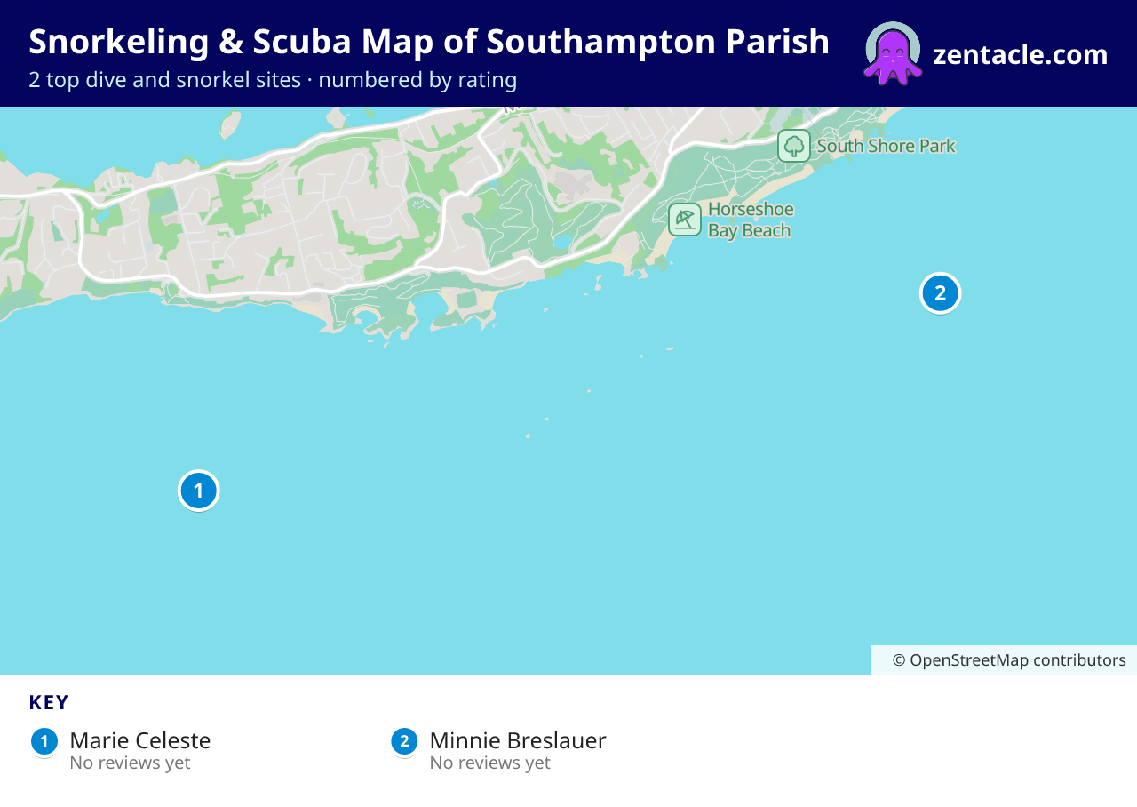 Snorkeling & Scuba Map of Southampton Parish: numbered map of the top 2 dive and snorkel sites, with ratings