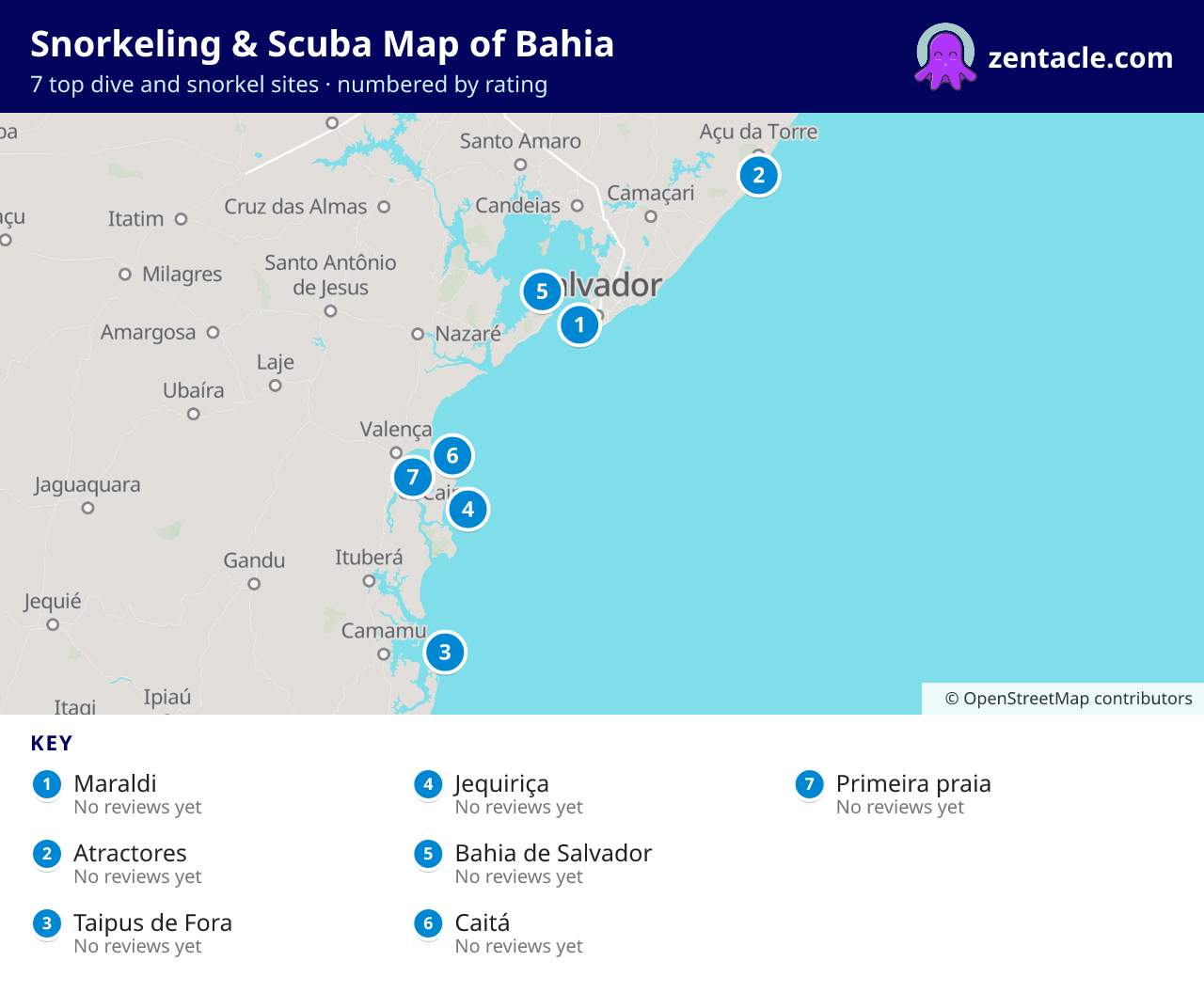 Snorkeling & Scuba Map of Bahia: numbered map of the top 7 dive and snorkel sites, with ratings