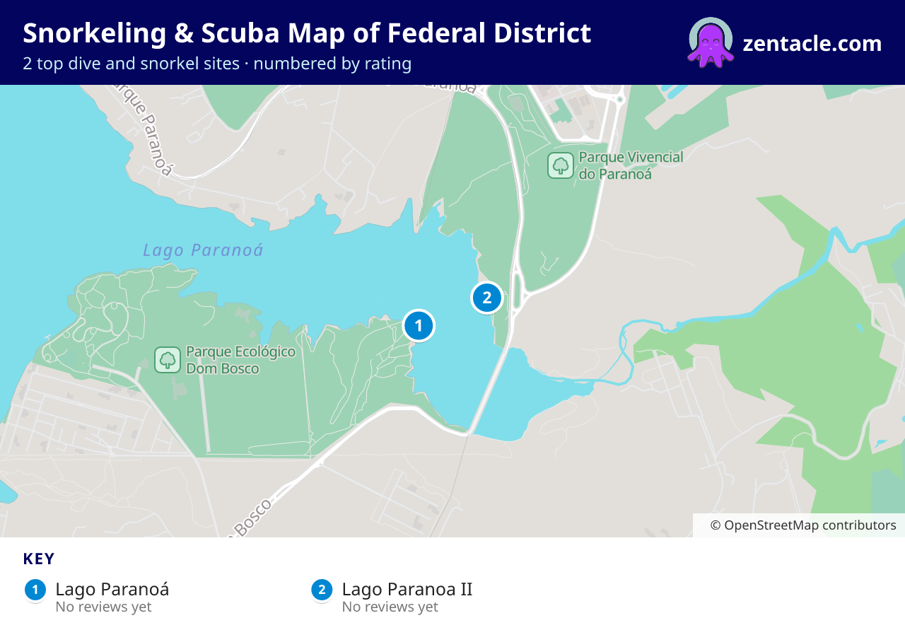 Snorkeling & Scuba Map of Federal District: numbered map of the top 2 dive and snorkel sites, with ratings