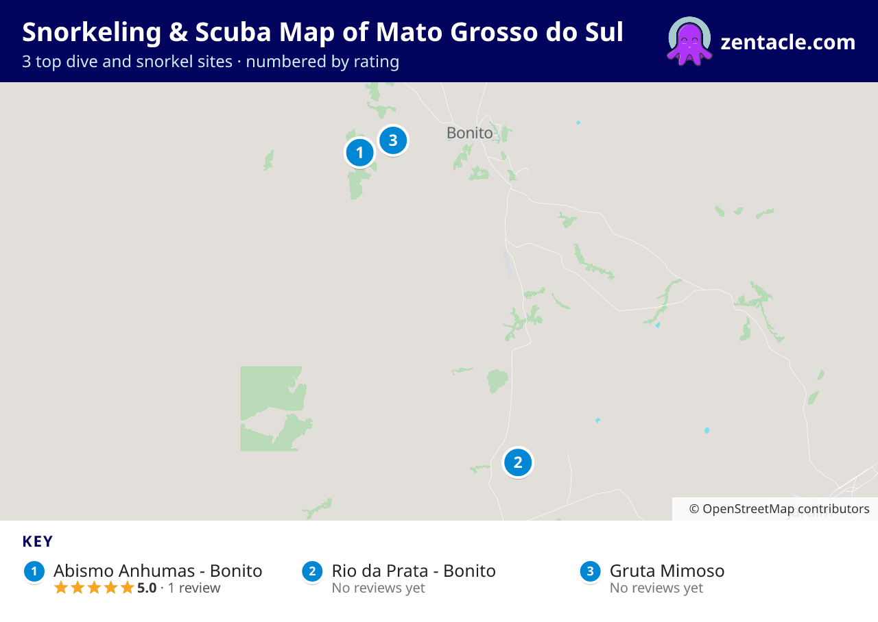 Snorkeling & Scuba Map of Mato Grosso do Sul: numbered map of the top 3 dive and snorkel sites, with ratings