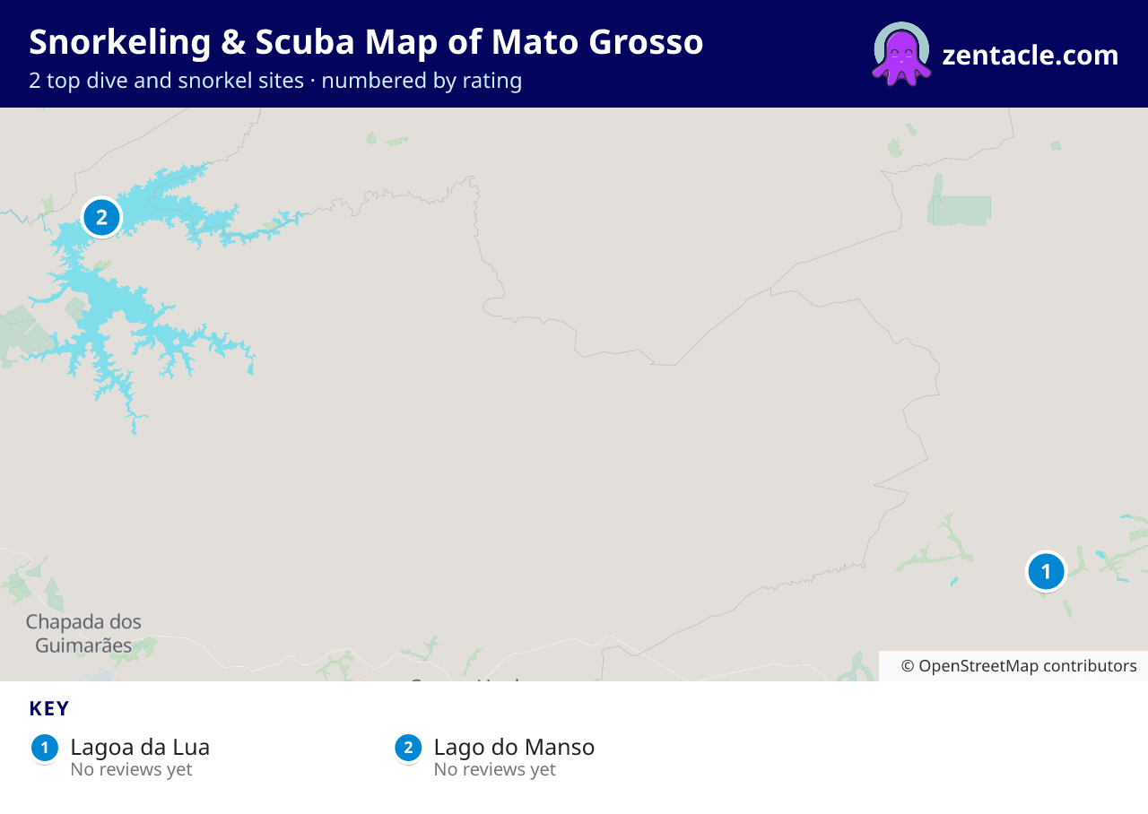 Snorkeling & Scuba Map of Mato Grosso: numbered map of the top 2 dive and snorkel sites, with ratings