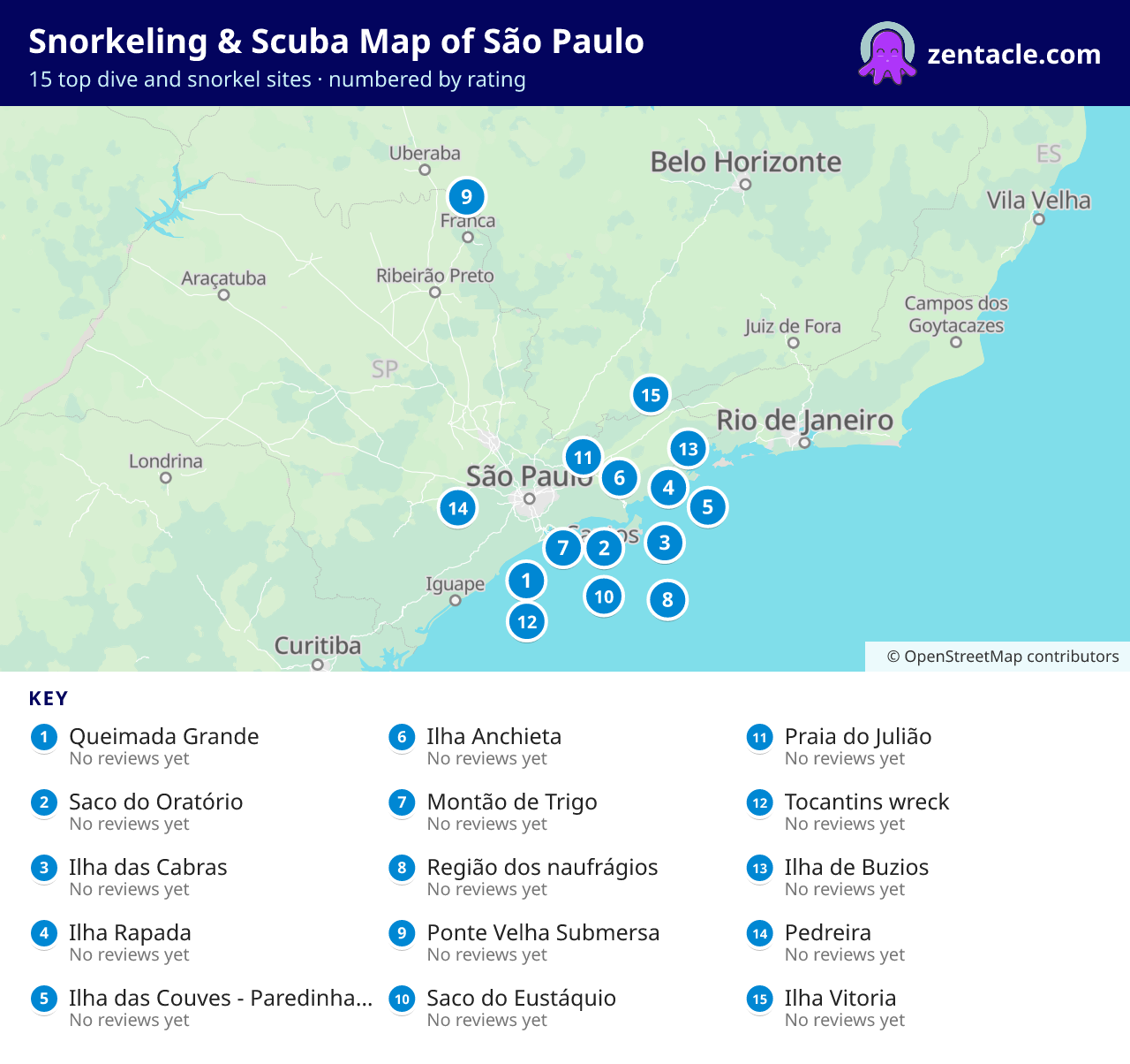 Snorkeling & Scuba Map of São Paulo: numbered map of the top 15 dive and snorkel sites, with ratings