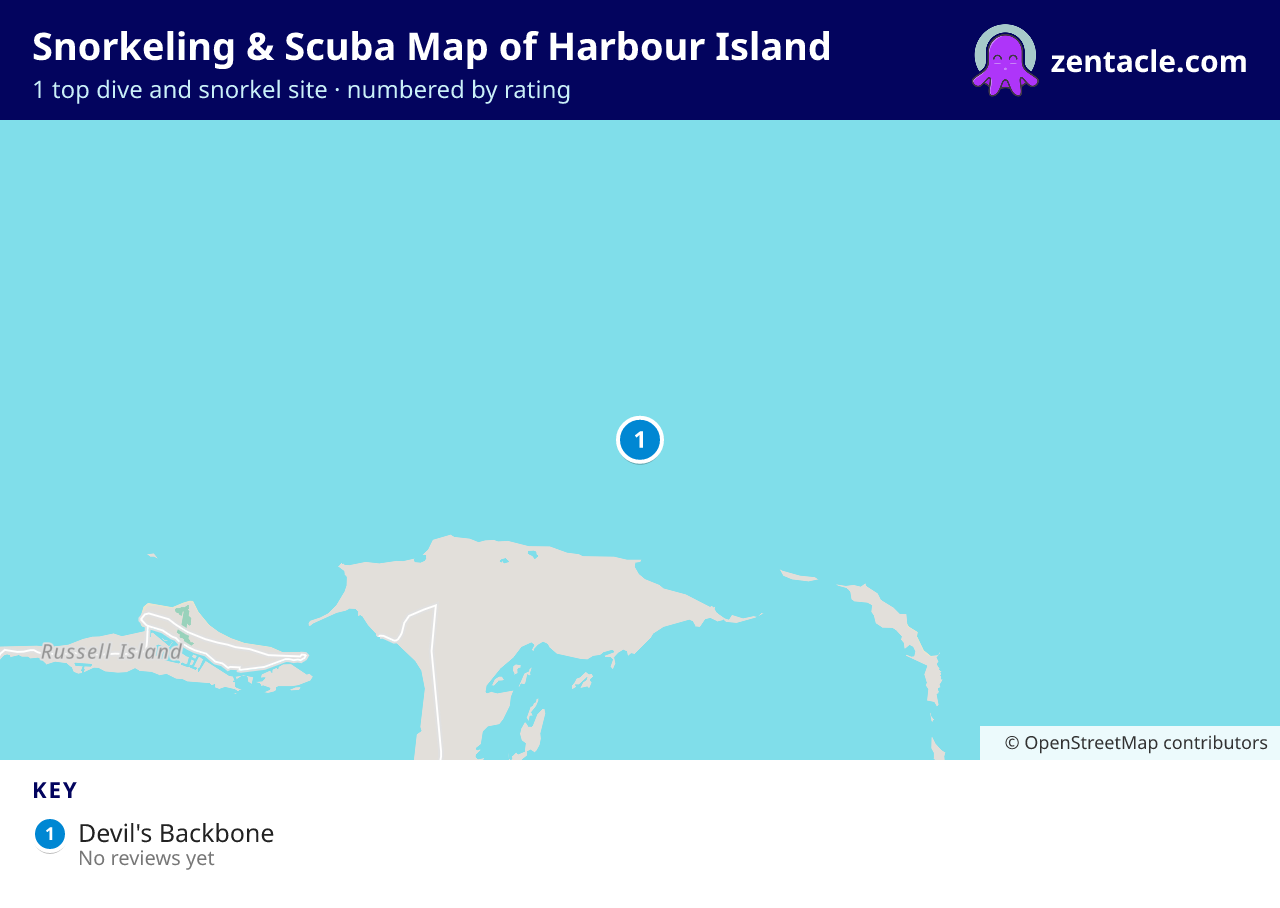 Snorkeling & Scuba Map of Harbour Island: numbered map of the top 1 dive and snorkel sites, with ratings