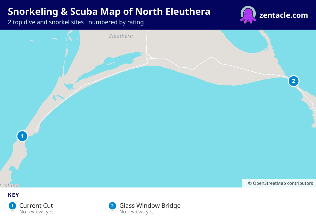 Snorkeling & Scuba Map of North Eleuthera: numbered map of the top 2 dive and snorkel sites, with ratings