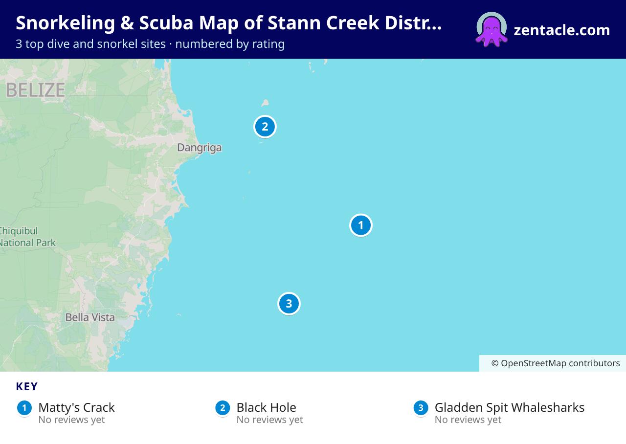 Snorkeling & Scuba Map of Stann Creek District: numbered map of the top 3 dive and snorkel sites, with ratings
