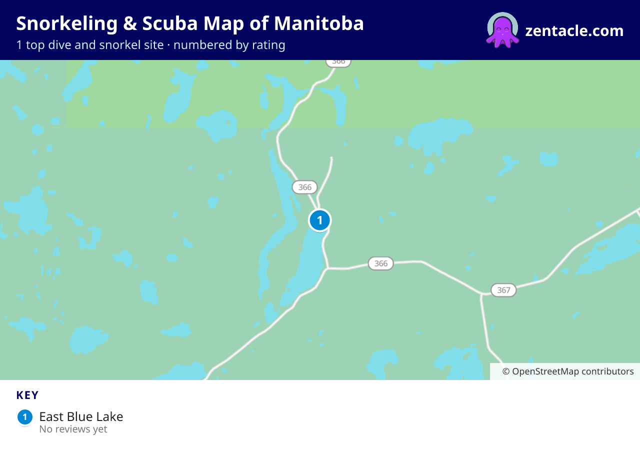 Snorkeling & Scuba Map of Manitoba: numbered map of the top 1 dive and snorkel sites, with ratings