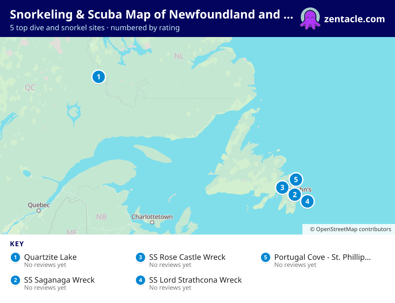 Snorkeling & Scuba Map of Newfoundland and Labrador: numbered map of the top 5 dive and snorkel sites, with ratings