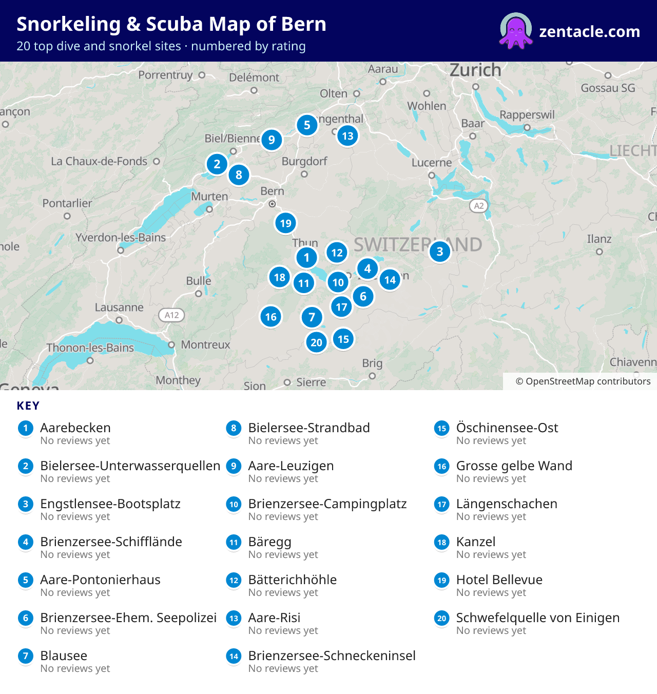 Snorkeling & Scuba Map of Bern: numbered map of the top 20 dive and snorkel sites, with ratings