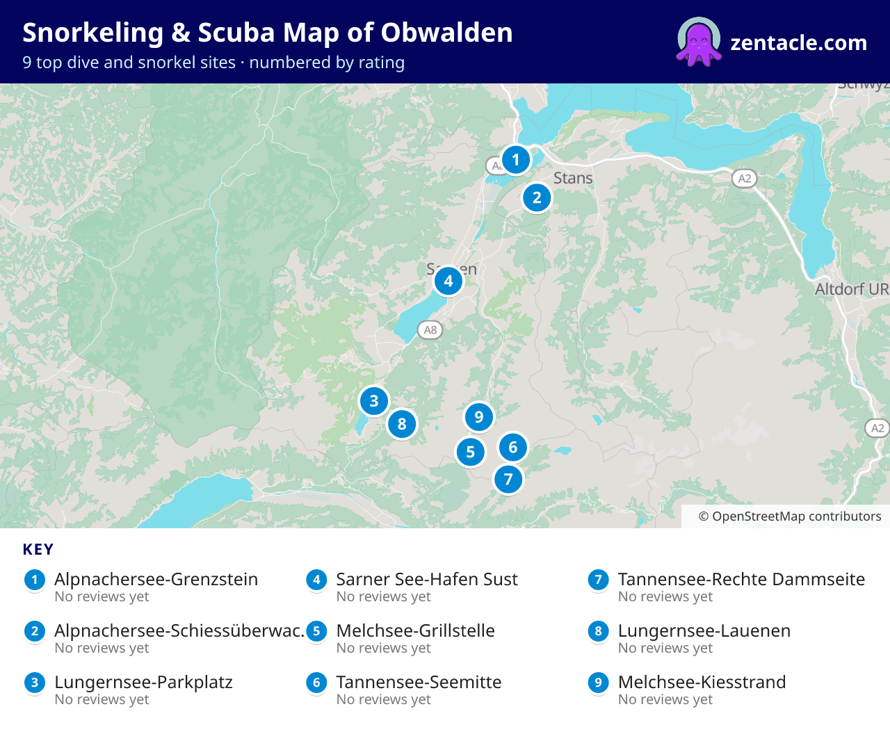 Snorkeling & Scuba Map of Obwalden: numbered map of the top 9 dive and snorkel sites, with ratings