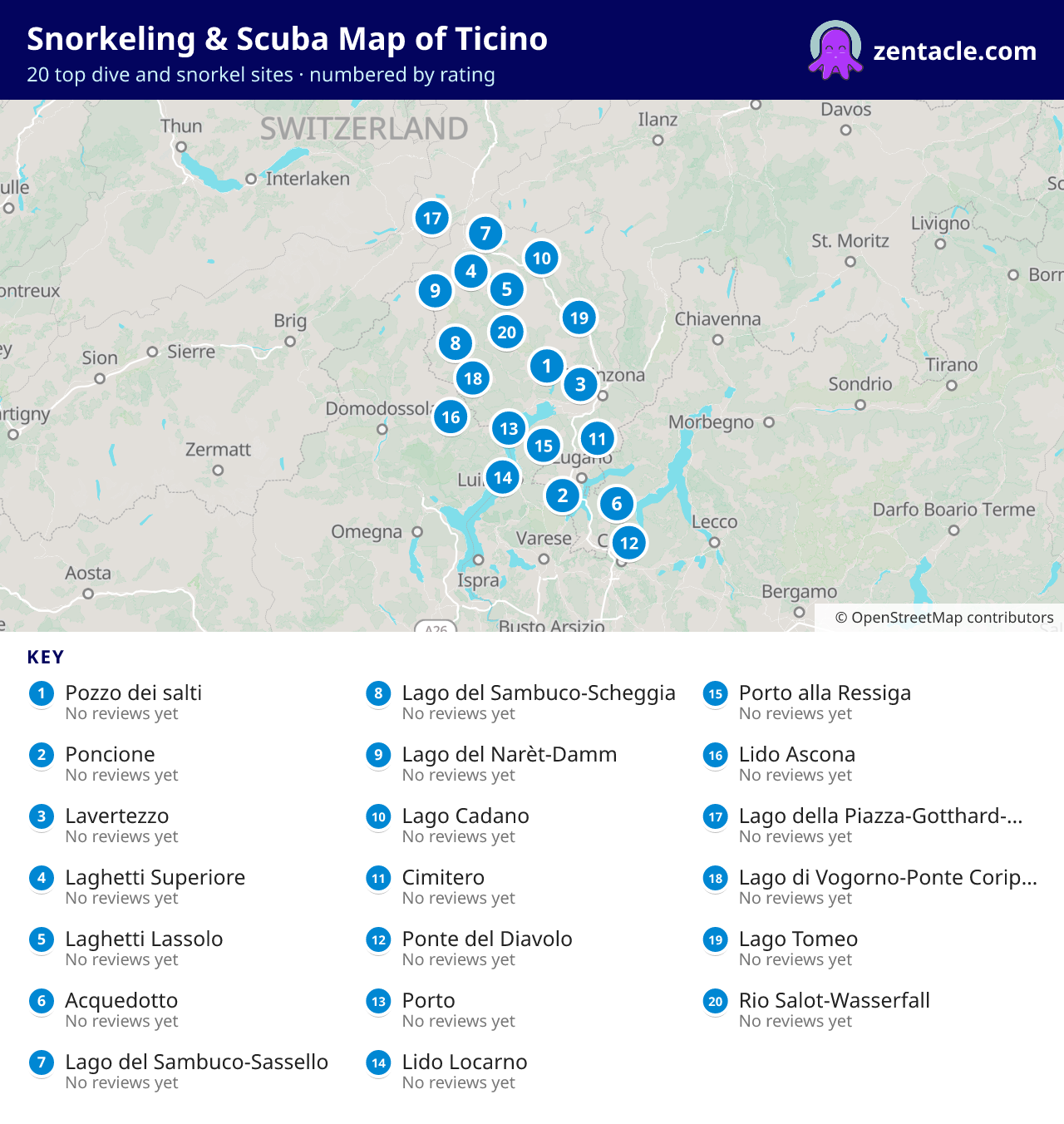 Snorkeling & Scuba Map of Ticino: numbered map of the top 20 dive and snorkel sites, with ratings