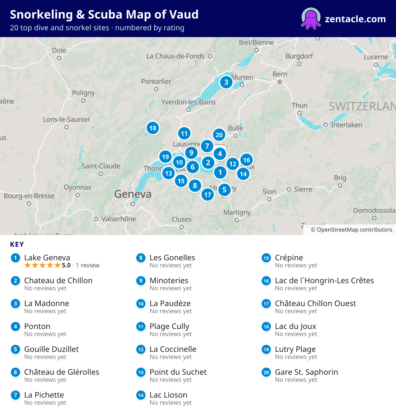 Snorkeling & Scuba Map of Vaud: numbered map of the top 20 dive and snorkel sites, with ratings