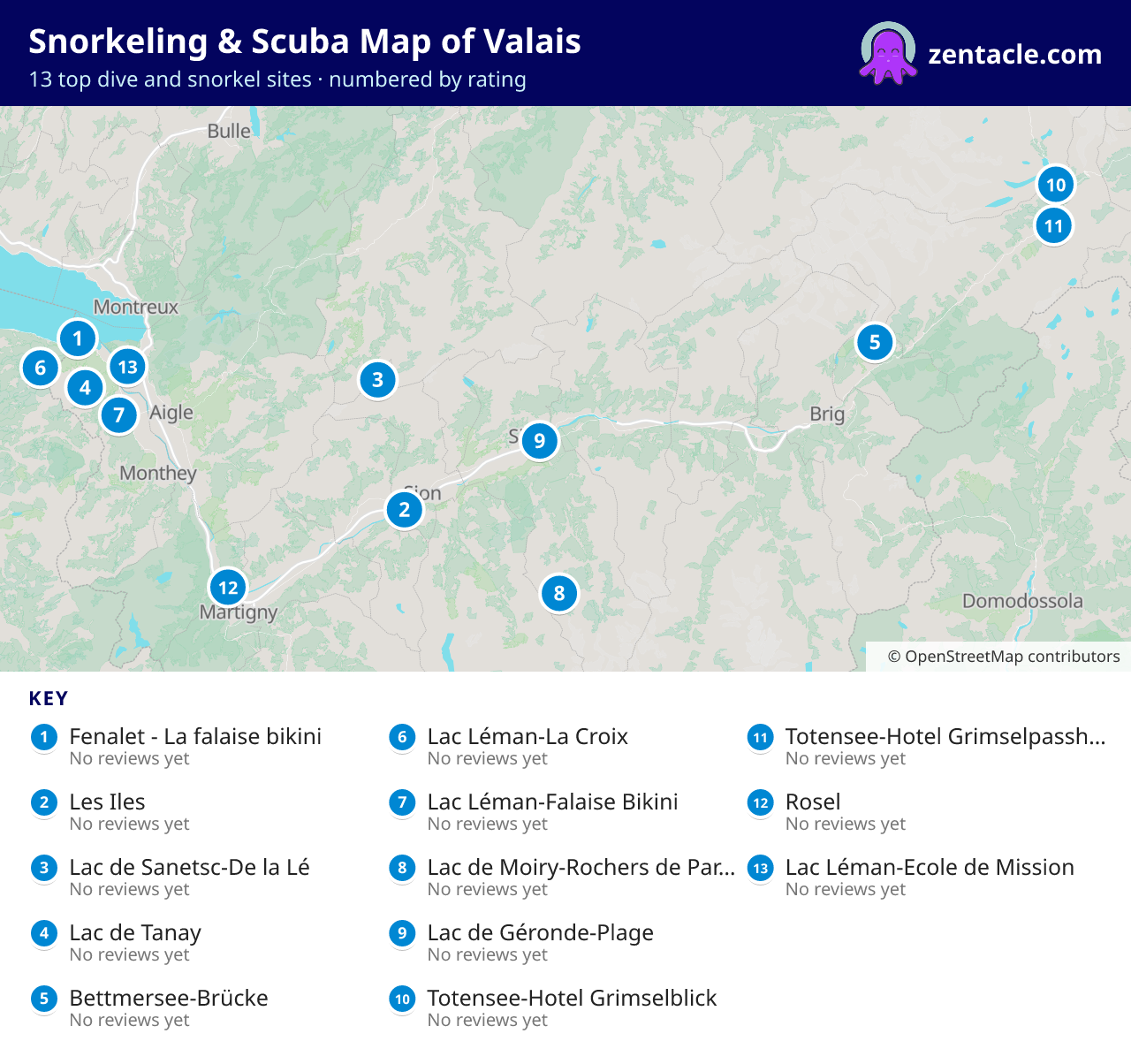 Snorkeling & Scuba Map of Valais: numbered map of the top 13 dive and snorkel sites, with ratings