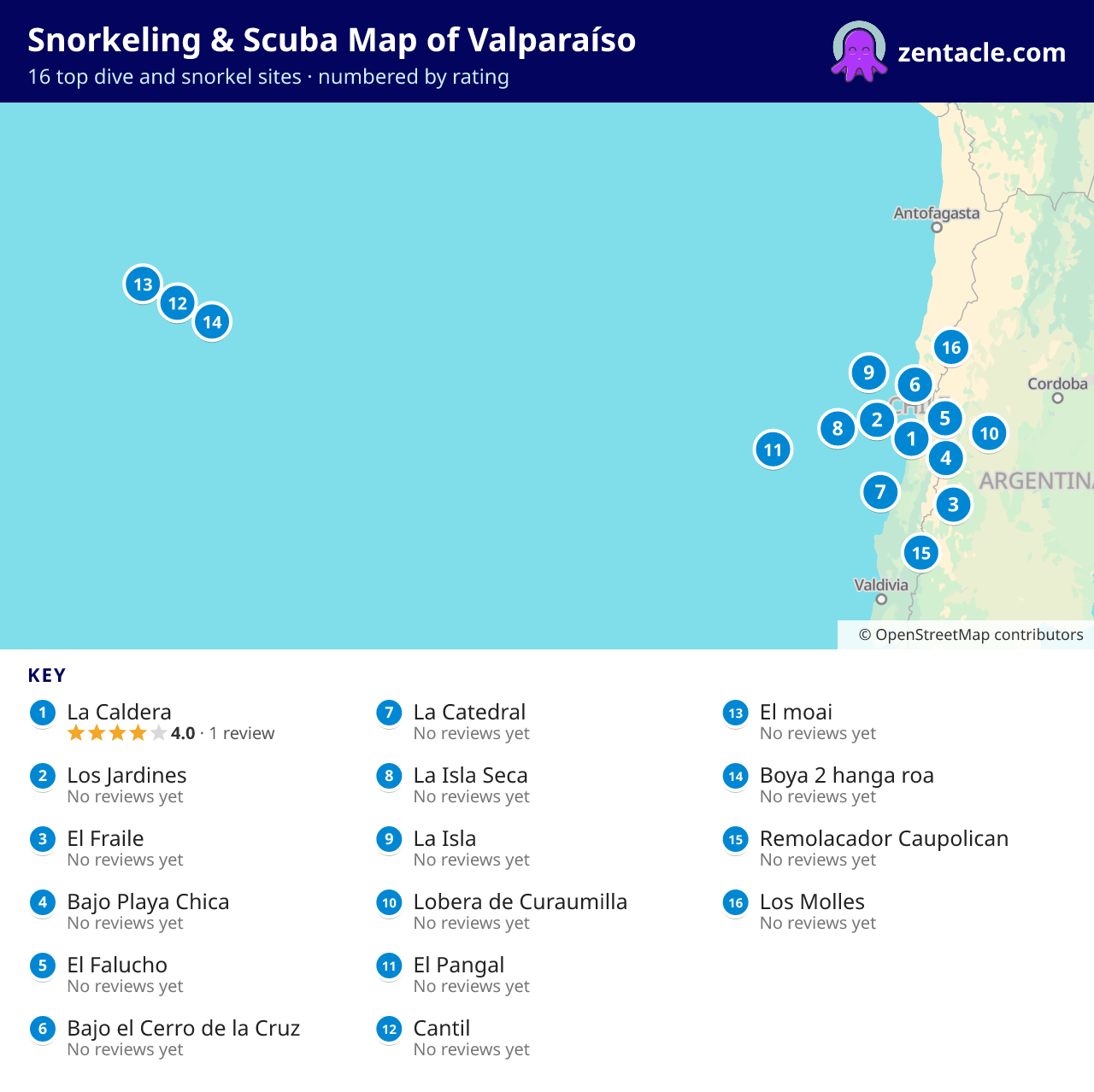 Snorkeling & Scuba Map of Valparaíso: numbered map of the top 16 dive and snorkel sites, with ratings
