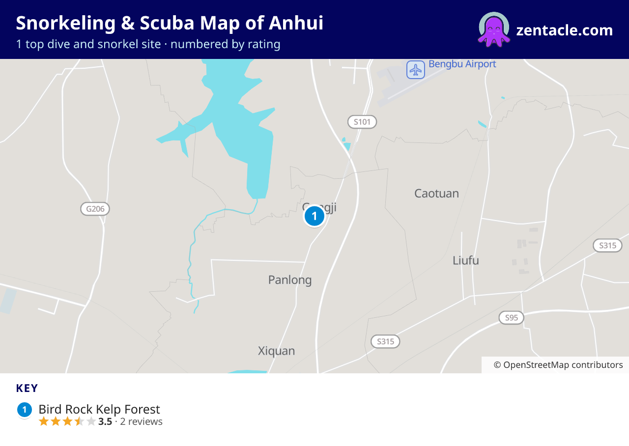 Snorkeling & Scuba Map of Anhui: numbered map of the top 1 dive and snorkel sites, with ratings