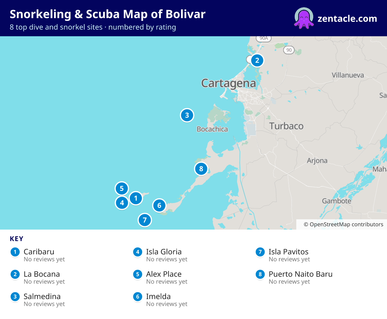 Snorkeling & Scuba Map of Bolivar: numbered map of the top 8 dive and snorkel sites, with ratings