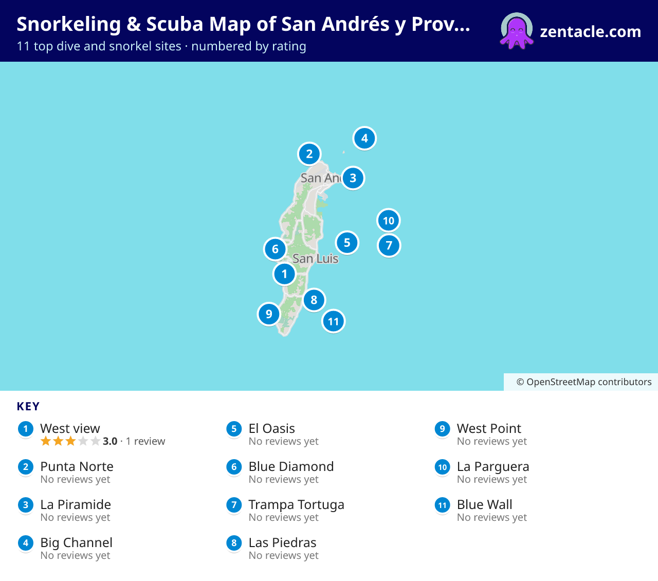 Snorkeling & Scuba Map of San Andrés y Providencia: numbered map of the top 11 dive and snorkel sites, with ratings