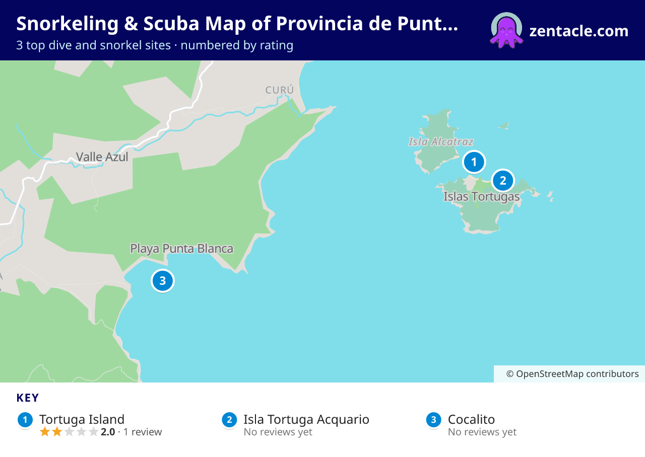 Snorkeling & Scuba Map of Provincia de Puntarenas: numbered map of the top 3 dive and snorkel sites, with ratings
