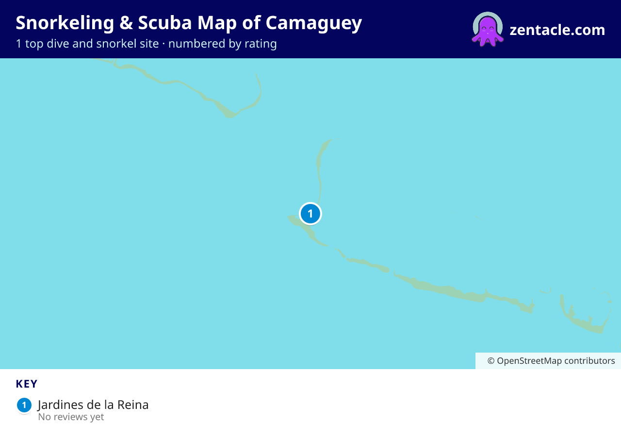 Snorkeling & Scuba Map of Camaguey: numbered map of the top 1 dive and snorkel sites, with ratings