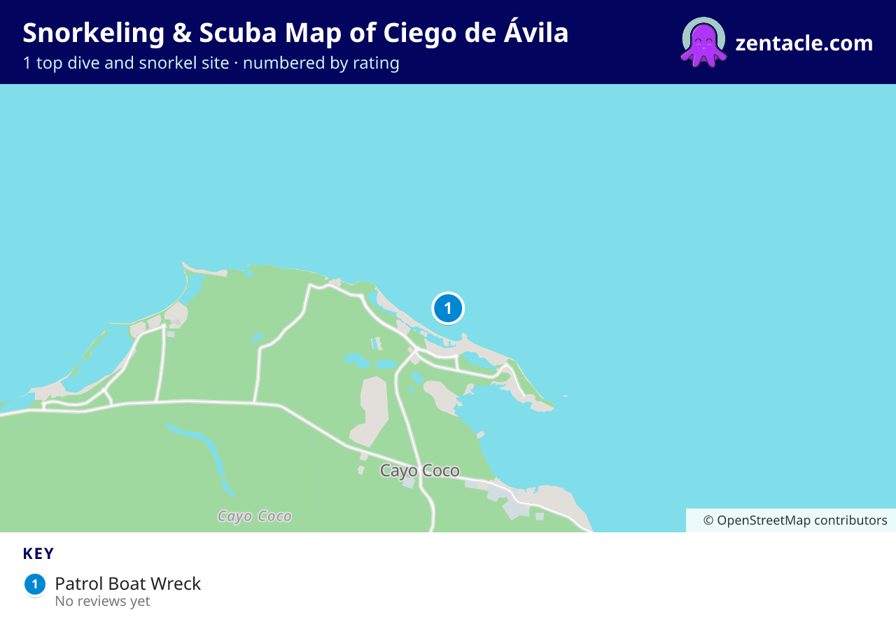 Snorkeling & Scuba Map of Ciego de Ávila: numbered map of the top 1 dive and snorkel sites, with ratings