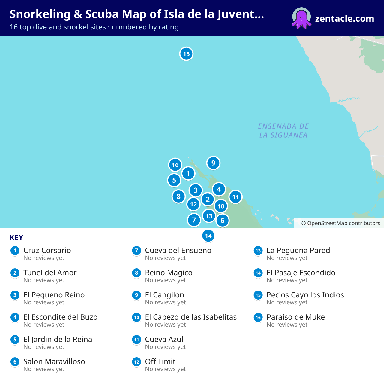 Snorkeling & Scuba Map of Isla de la Juventud: numbered map of the top 16 dive and snorkel sites, with ratings