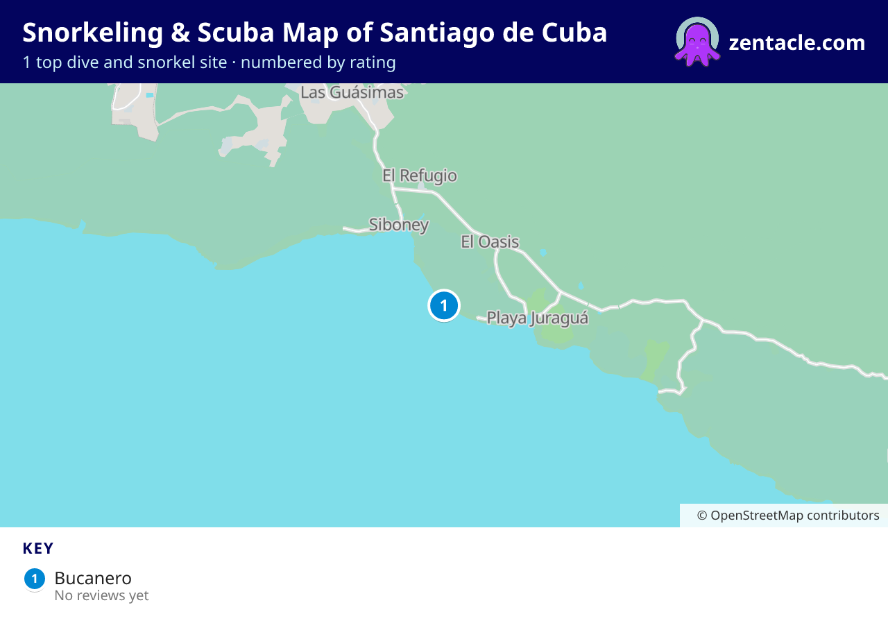 Snorkeling & Scuba Map of Santiago de Cuba: numbered map of the top 1 dive and snorkel sites, with ratings