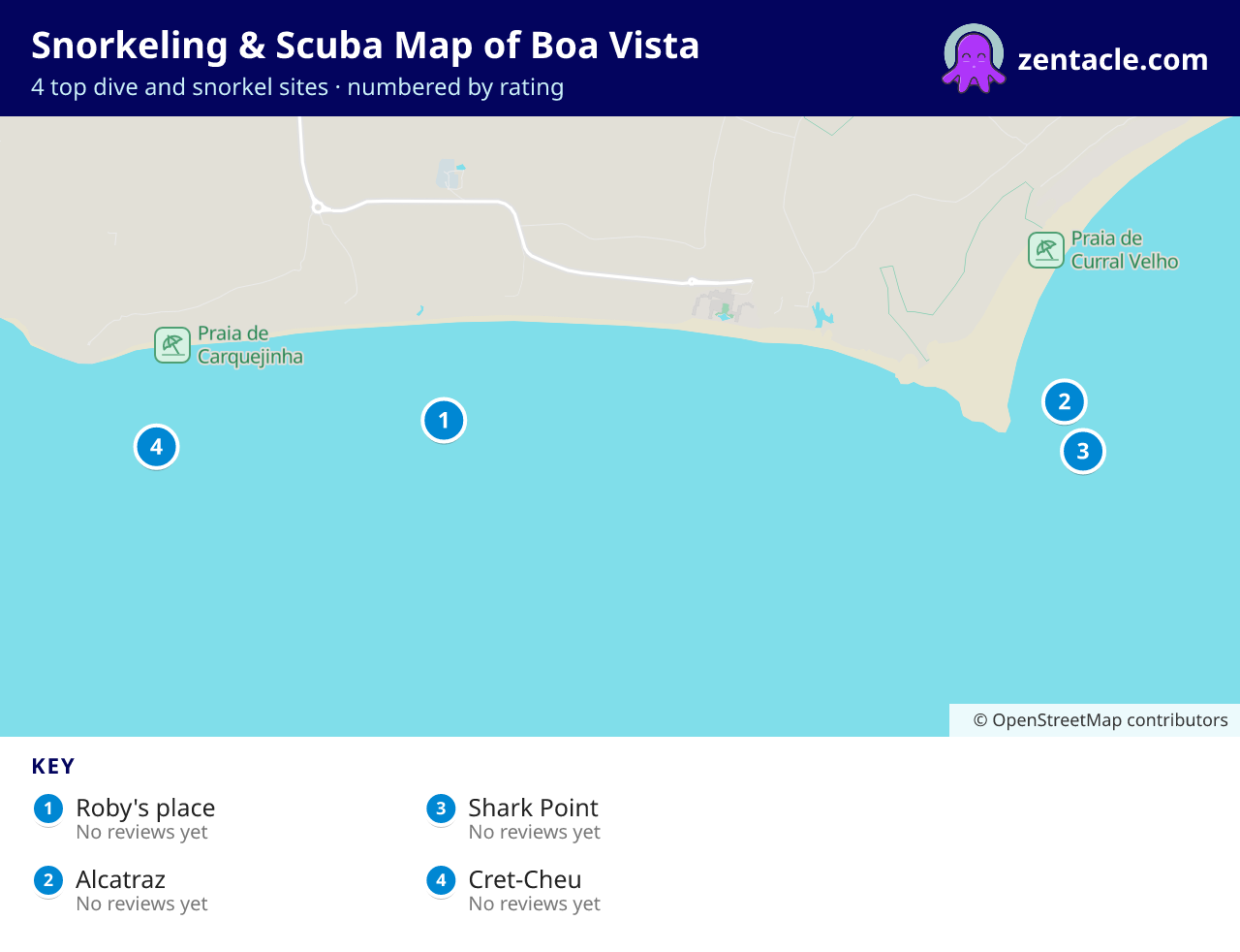Snorkeling & Scuba Map of Boa Vista: numbered map of the top 4 dive and snorkel sites, with ratings