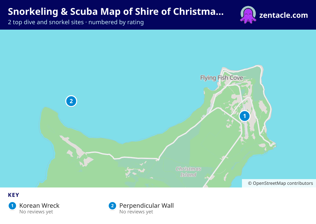 Snorkeling & Scuba Map of Shire of Christmas Island: numbered map of the top 2 dive and snorkel sites, with ratings
