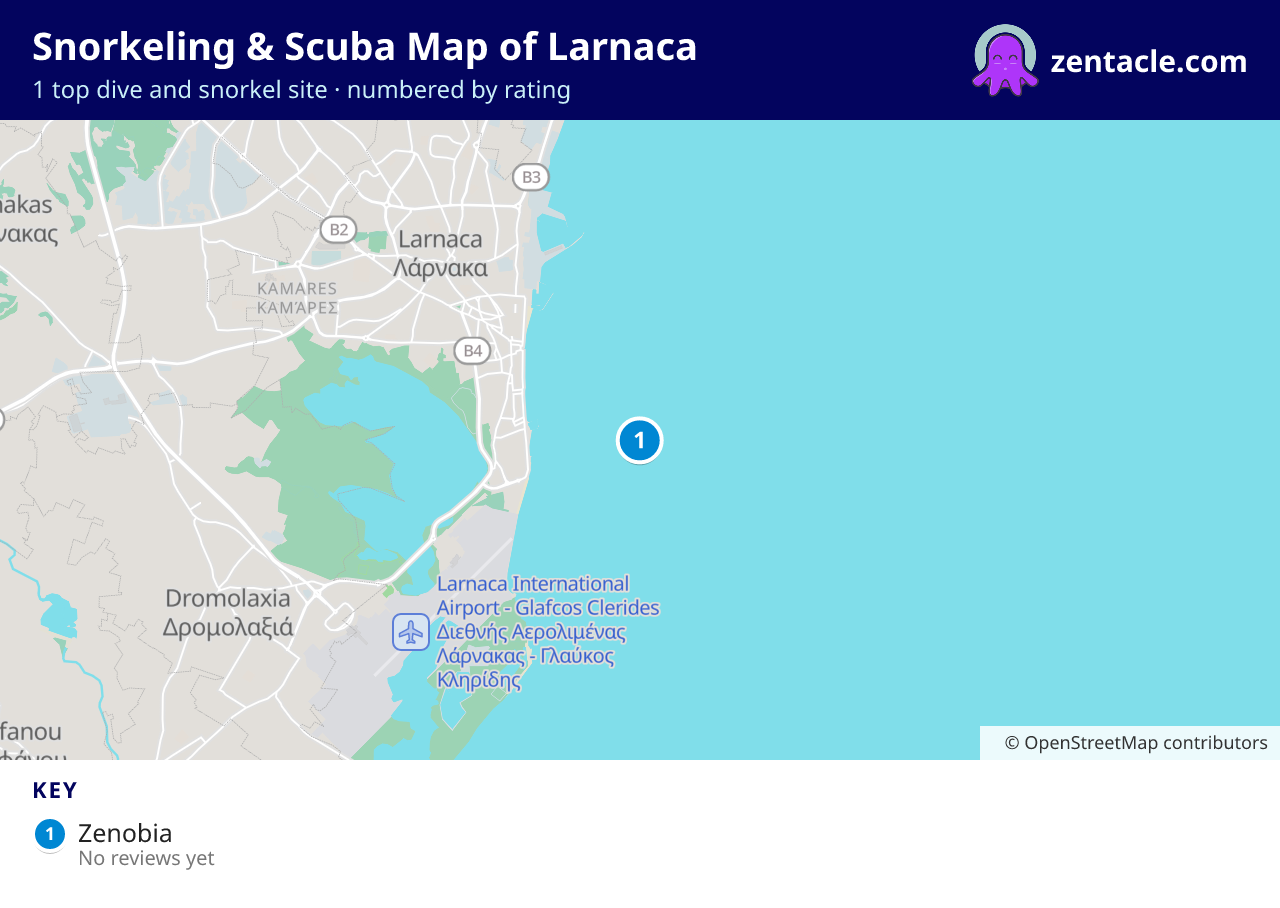 Snorkeling & Scuba Map of Larnaca: numbered map of the top 1 dive and snorkel sites, with ratings