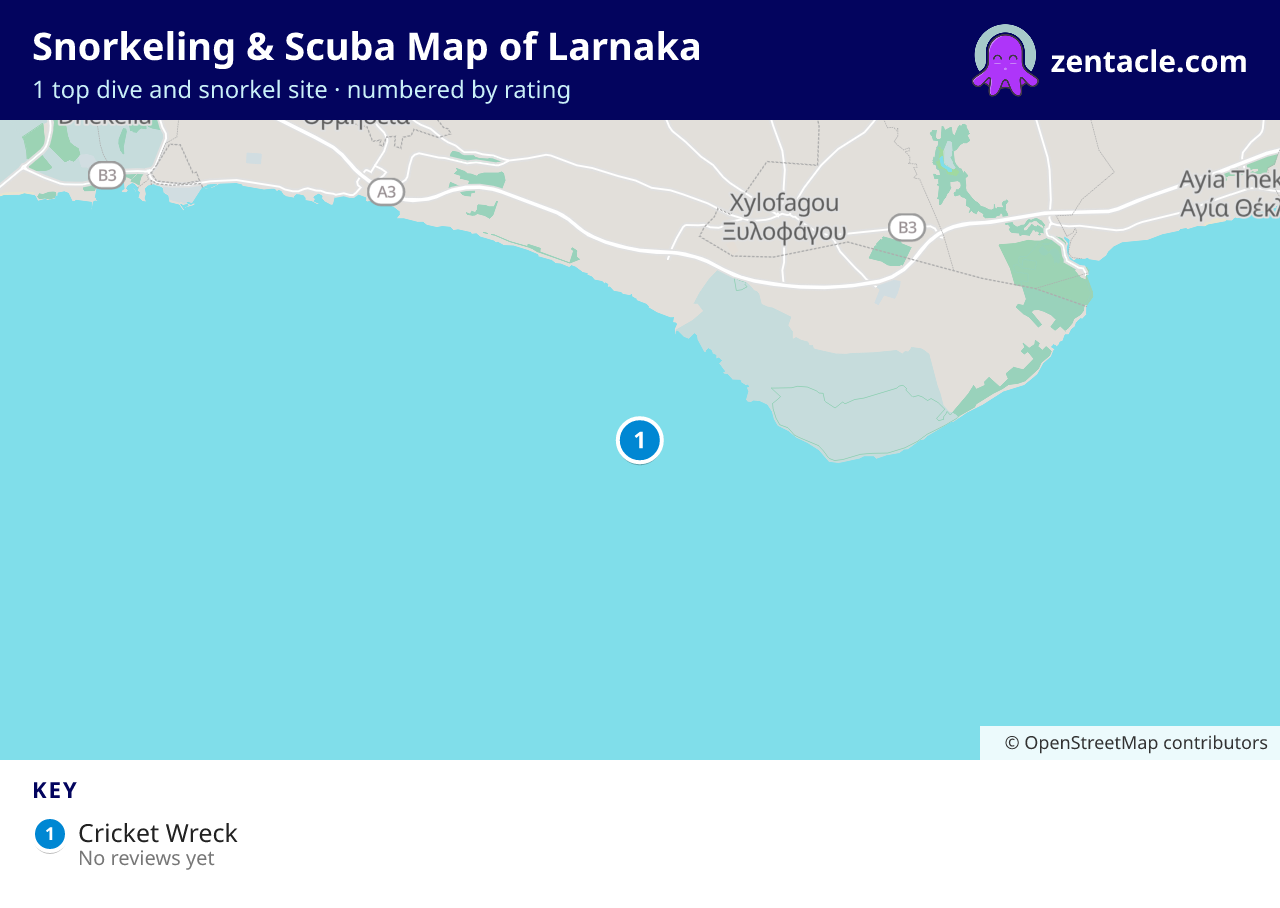 Snorkeling & Scuba Map of Larnaka: numbered map of the top 1 dive and snorkel sites, with ratings