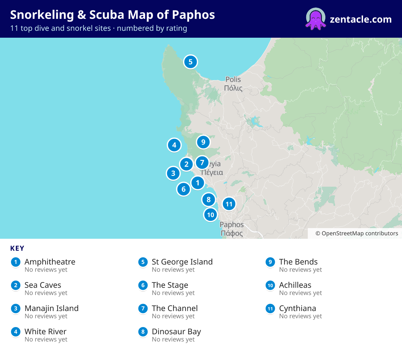Snorkeling & Scuba Map of Paphos: numbered map of the top 11 dive and snorkel sites, with ratings