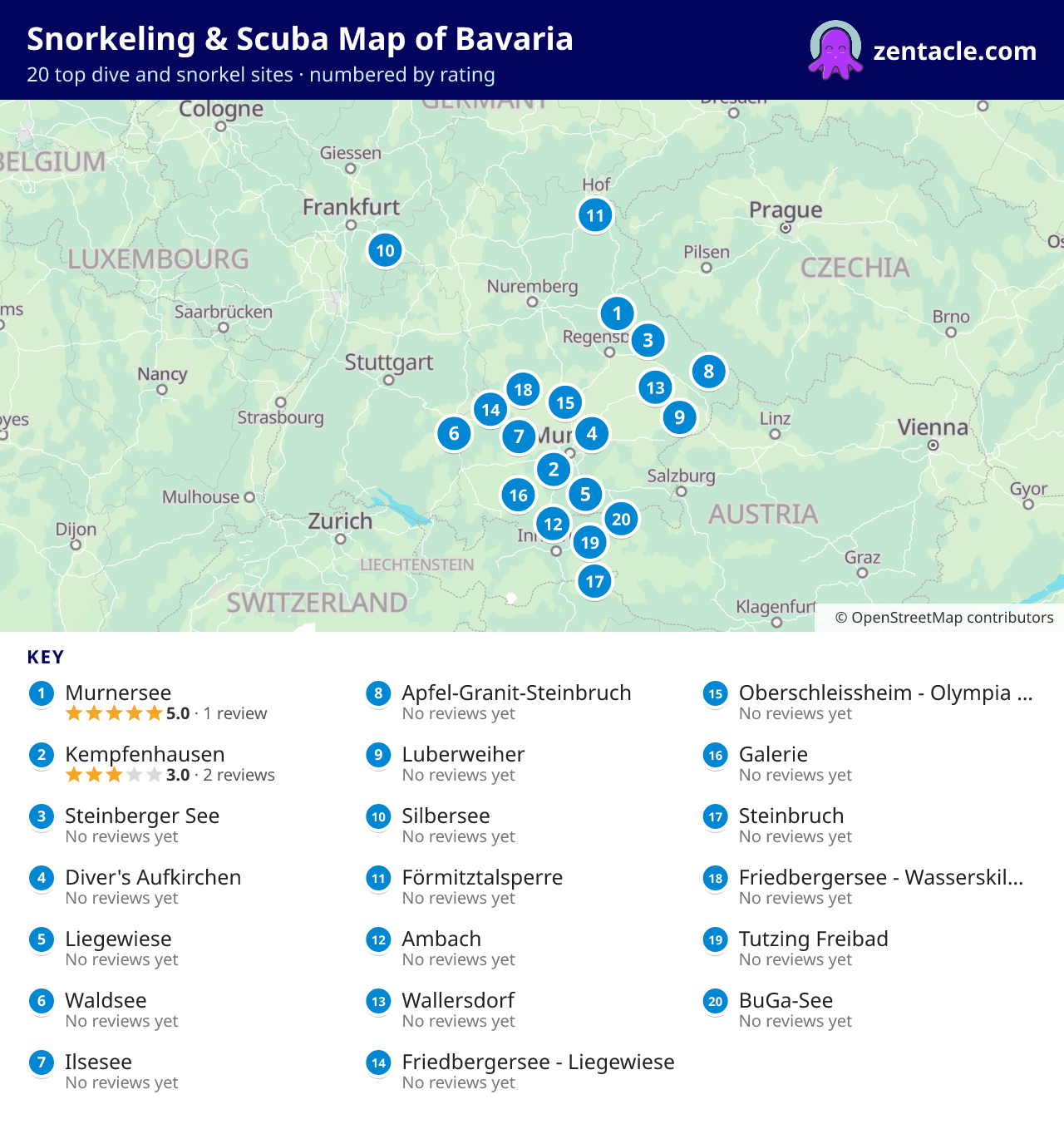 Snorkeling & Scuba Map of Bavaria: numbered map of the top 20 dive and snorkel sites, with ratings