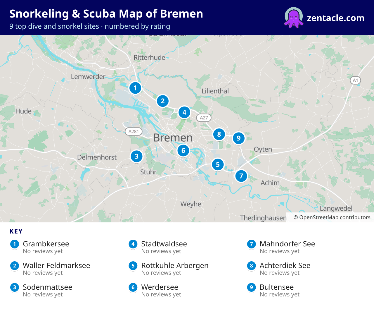 Snorkeling & Scuba Map of Bremen: numbered map of the top 9 dive and snorkel sites, with ratings