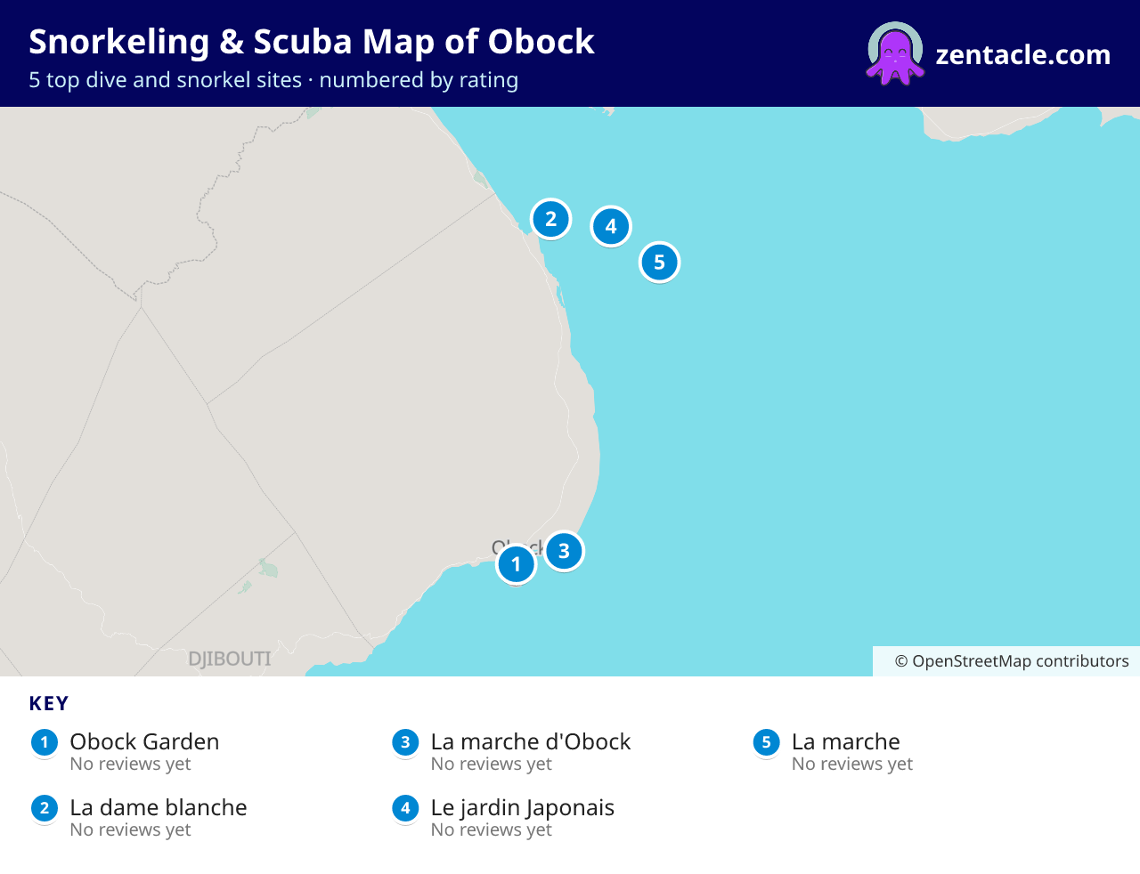 Snorkeling & Scuba Map of Obock: numbered map of the top 5 dive and snorkel sites, with ratings