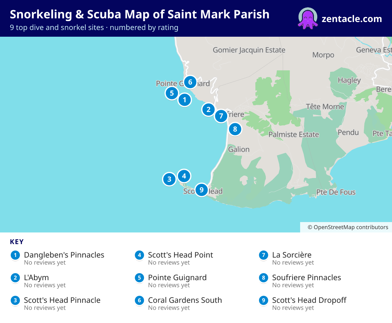 Snorkeling & Scuba Map of Saint Mark Parish: numbered map of the top 9 dive and snorkel sites, with ratings