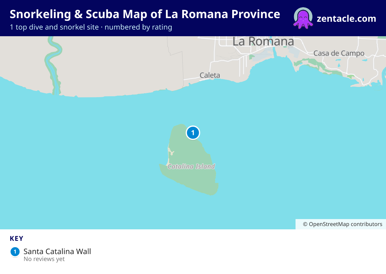 Snorkeling & Scuba Map of La Romana Province: numbered map of the top 1 dive and snorkel sites, with ratings