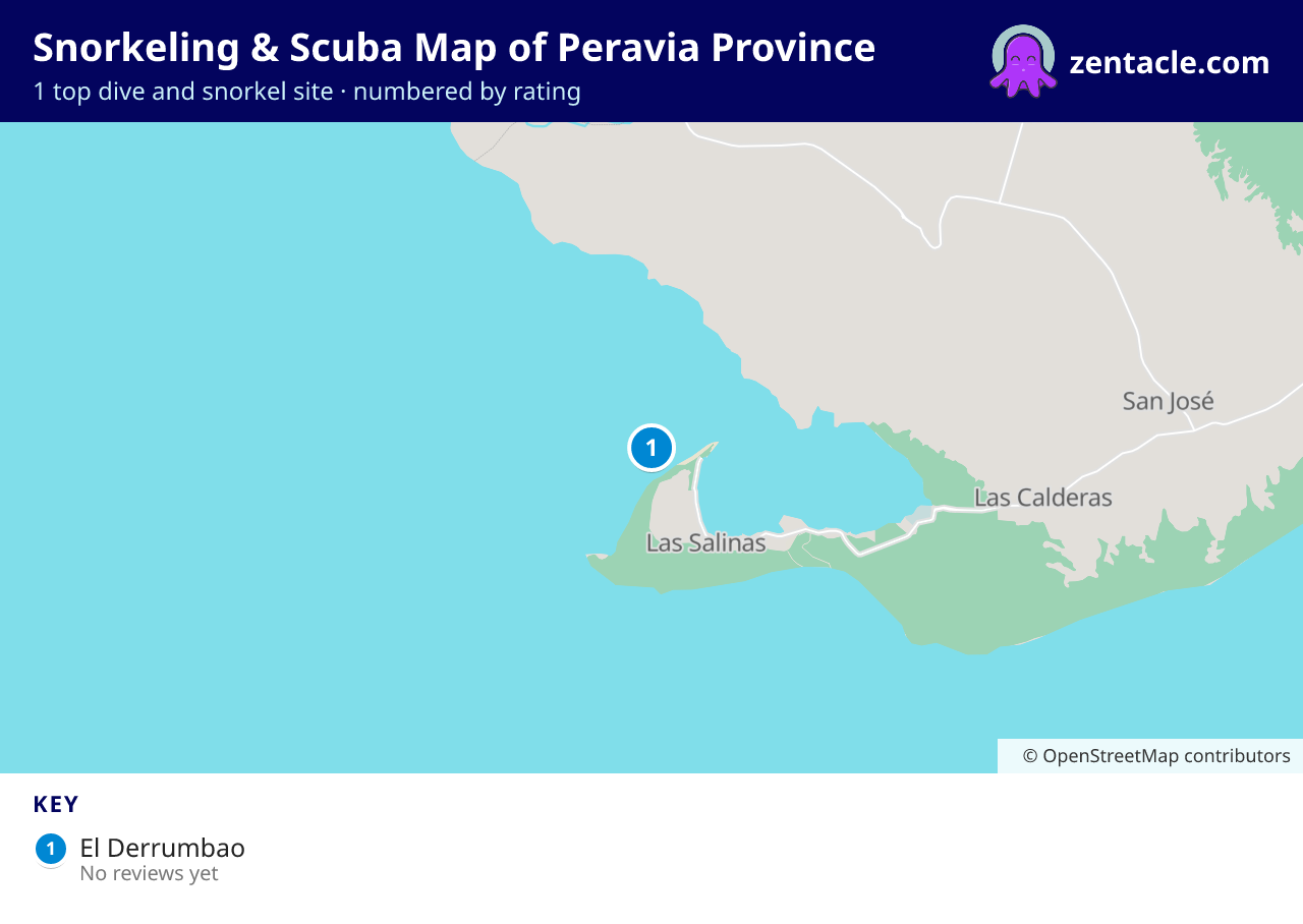Snorkeling & Scuba Map of Peravia Province: numbered map of the top 1 dive and snorkel sites, with ratings