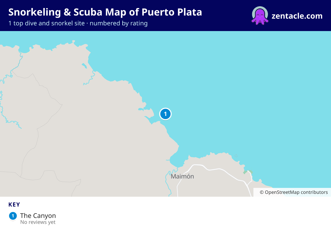 Snorkeling & Scuba Map of Puerto Plata: numbered map of the top 1 dive and snorkel sites, with ratings