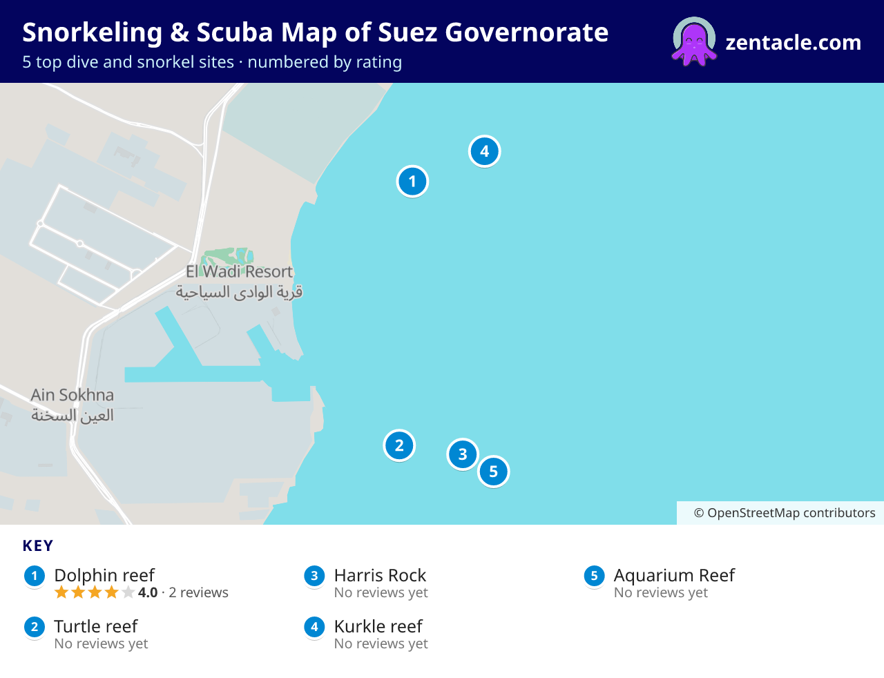Snorkeling & Scuba Map of Suez Governorate: numbered map of the top 5 dive and snorkel sites, with ratings