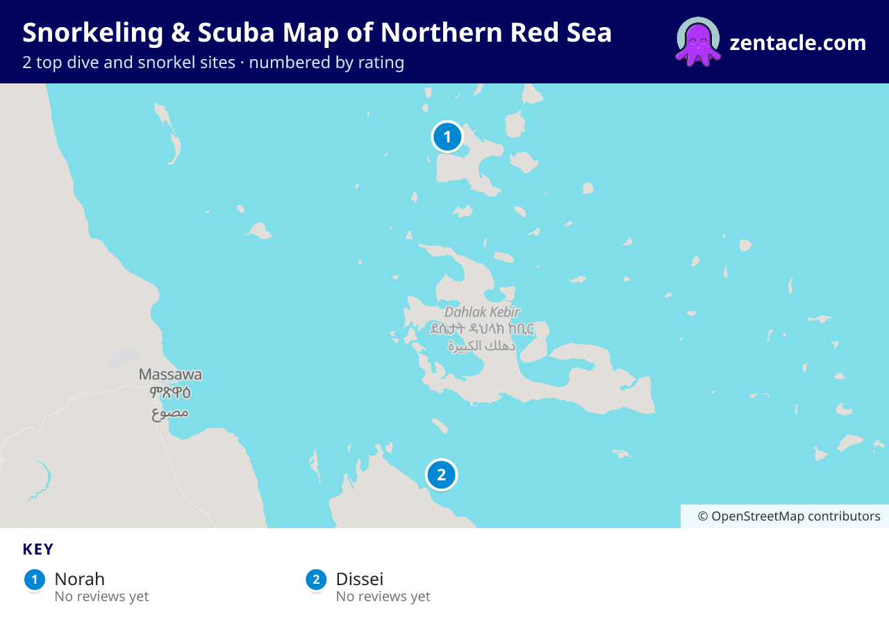 Snorkeling & Scuba Map of Northern Red Sea: numbered map of the top 2 dive and snorkel sites, with ratings