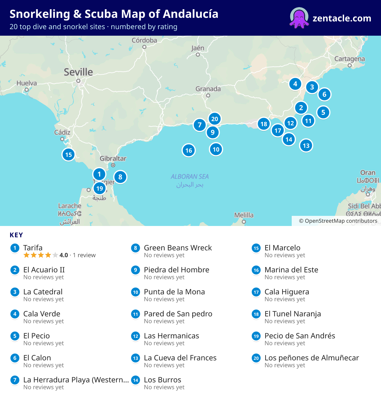 Snorkeling & Scuba Map of Andalucía: numbered map of the top 20 dive and snorkel sites, with ratings
