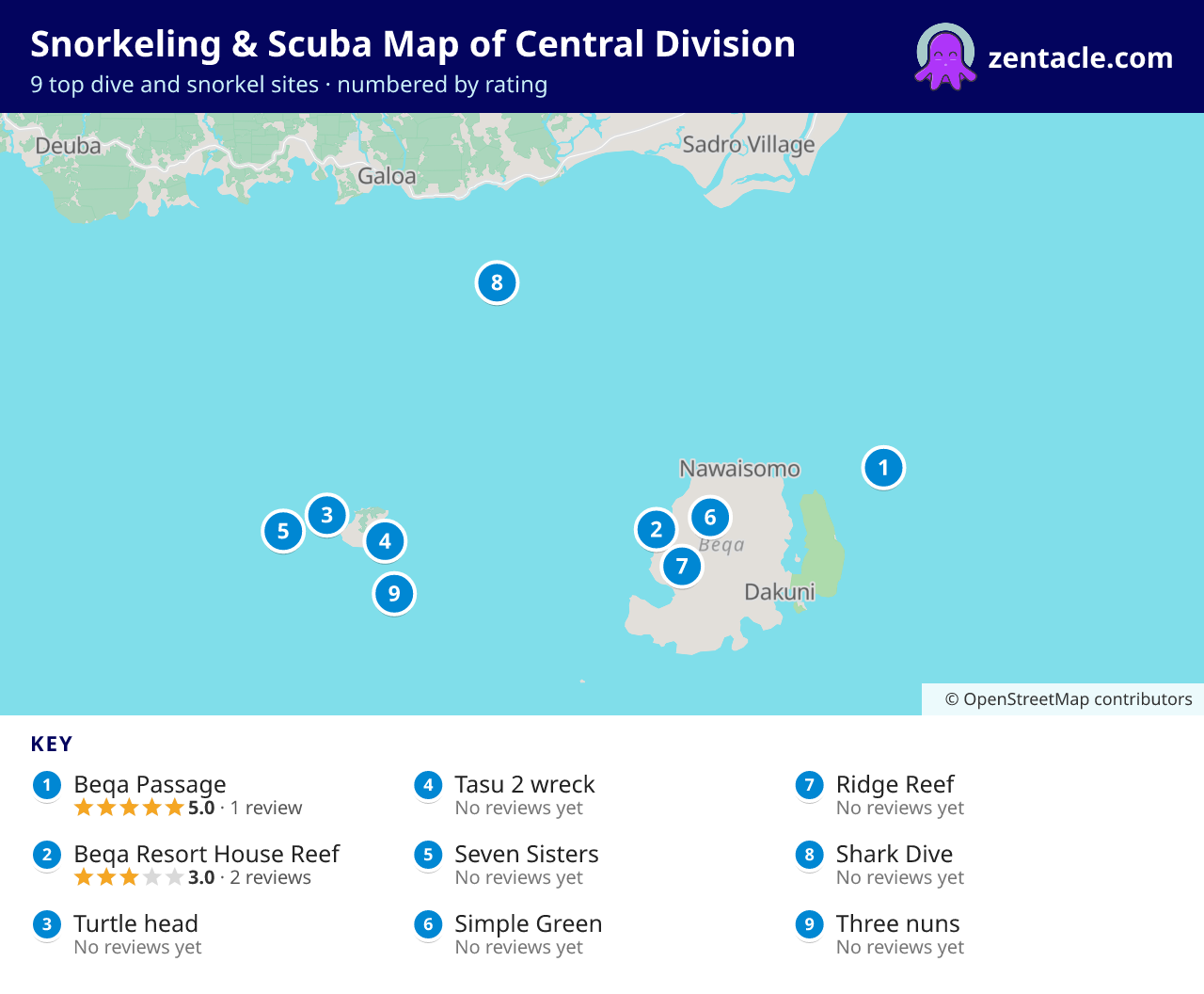 Snorkeling & Scuba Map of Central Division: numbered map of the top 9 dive and snorkel sites, with ratings