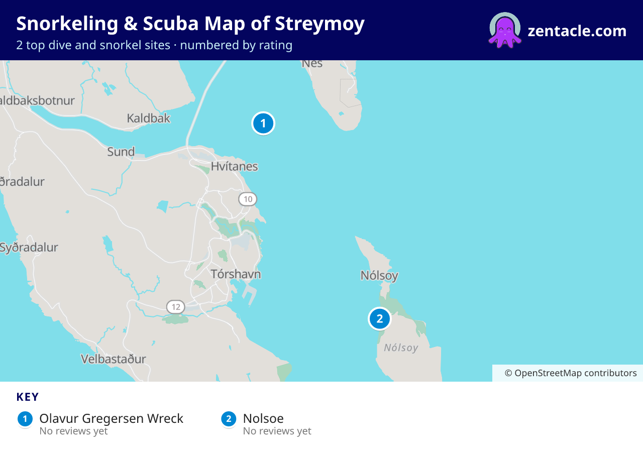 Snorkeling & Scuba Map of Streymoy: numbered map of the top 2 dive and snorkel sites, with ratings