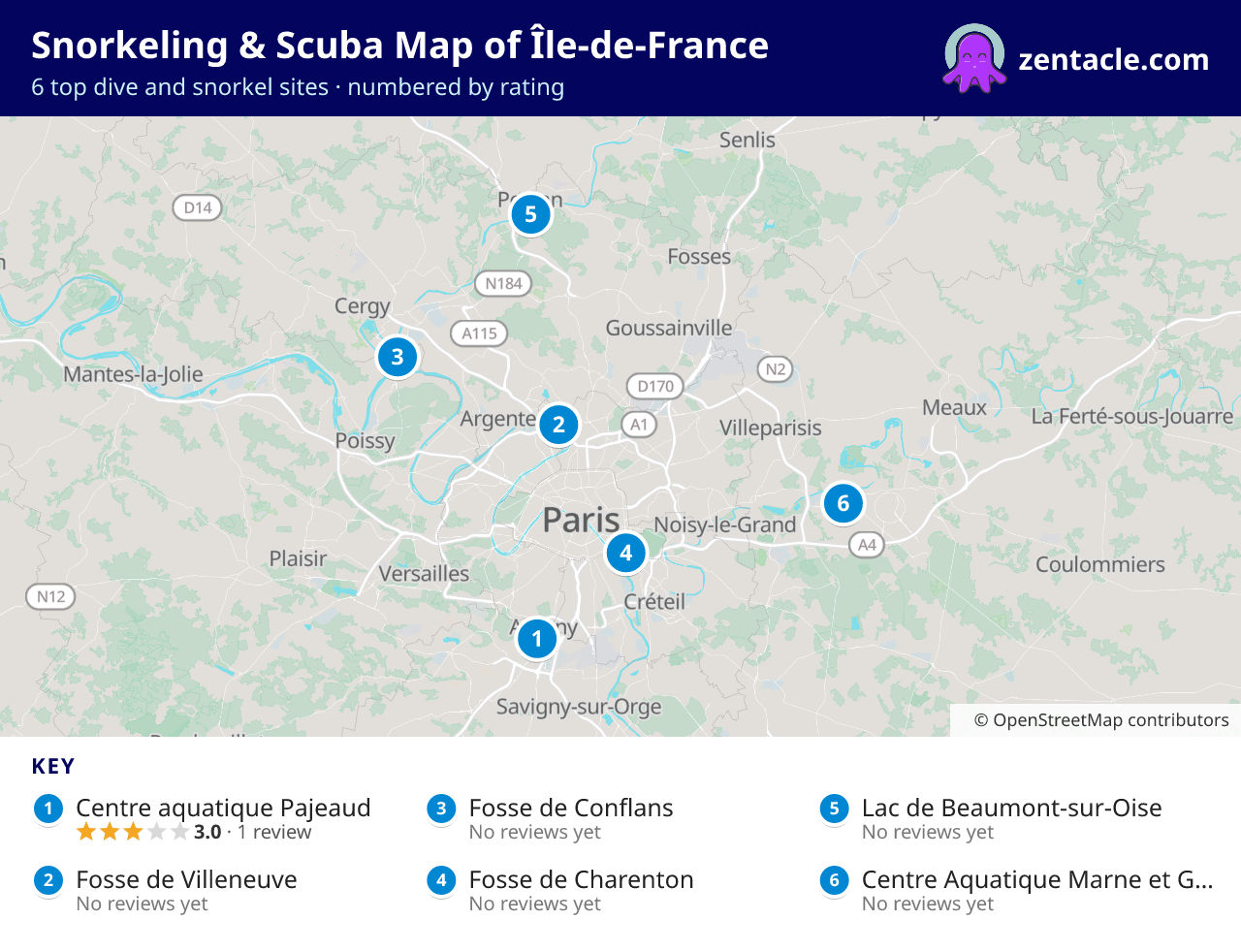 Snorkeling & Scuba Map of Île-de-France: numbered map of the top 6 dive and snorkel sites, with ratings
